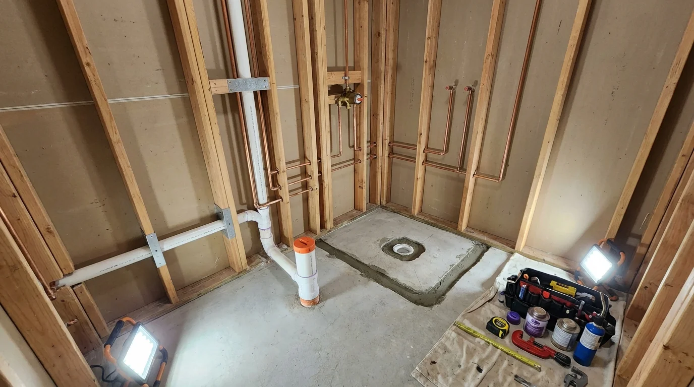 Bathroom rough-in plumbing during remodel by Johns Plumbing LLC in Dryden