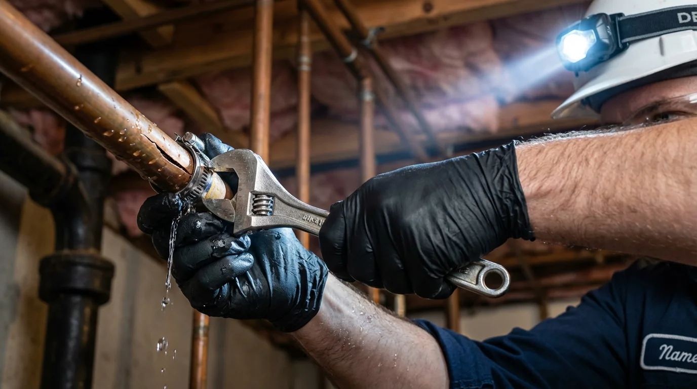 Emergency pipe clamp repair being performed by a Johns Plumbing LLC plumber in Dryden