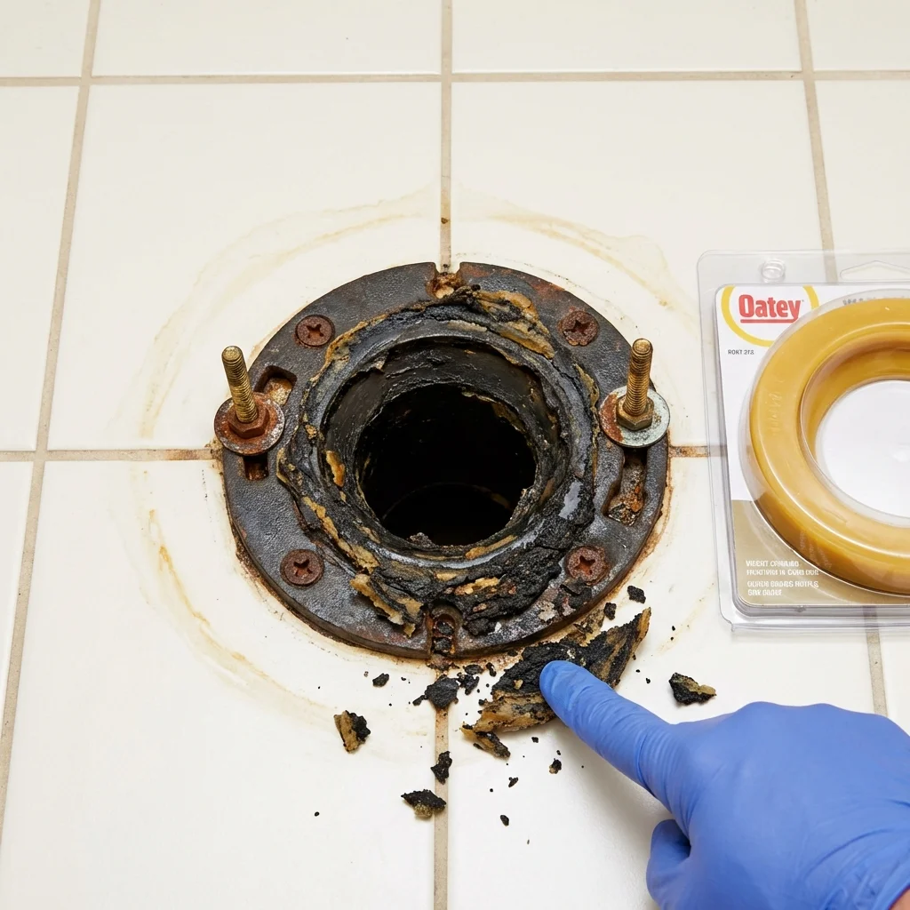 Failed wax ring showing water seepage at the base of a toilet in a Dryden, VA home